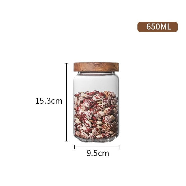 Wood Lid Glass Airtight Canister Kitchen Storage Bottles Jars Food Container Grains Tea Coffee Beans Grains Candy Jar Containers
